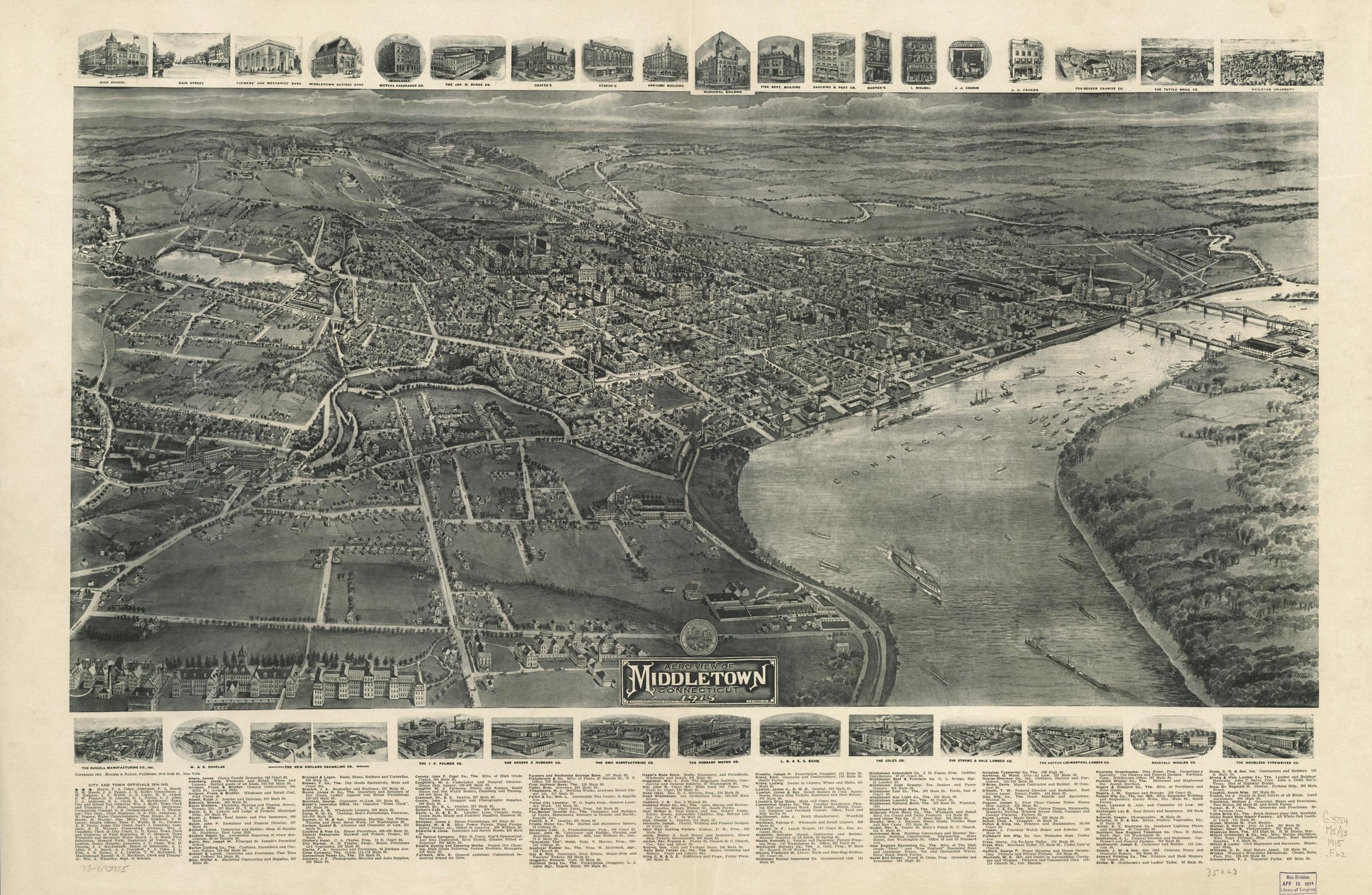 Aero view of Middletown, Connecticut, 1915 (1915) – Historic Bird’s-Eye View Panorama Print
