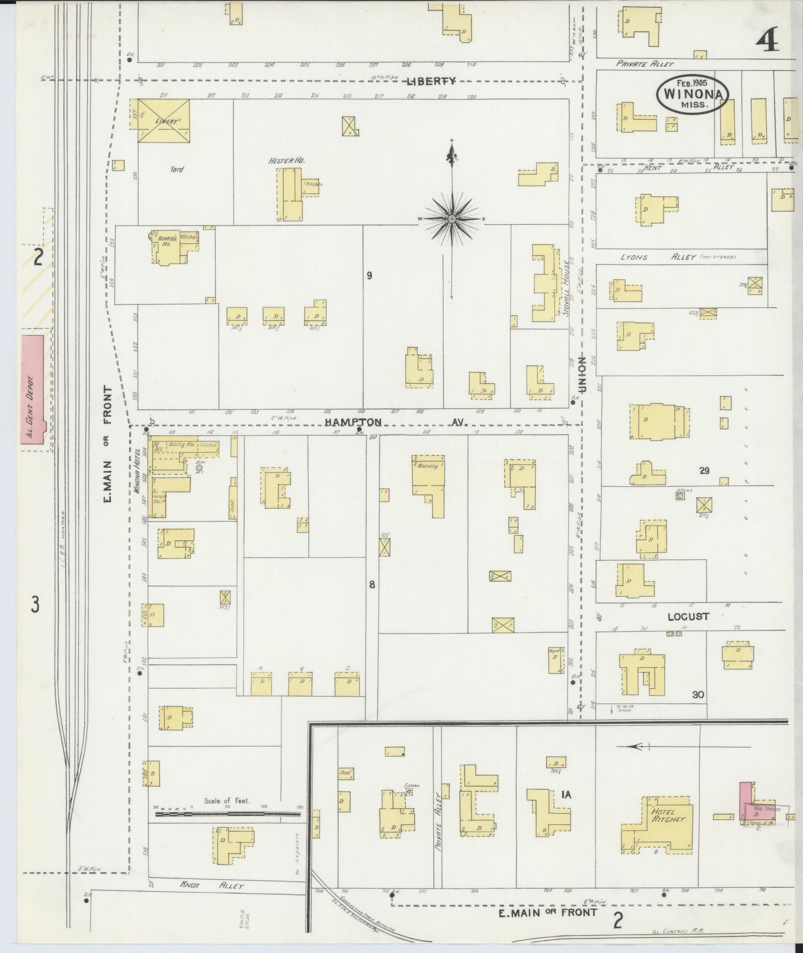 Sanborn Fire Insurance Map from Winona, Montgomery County, Mississippi (1905), Sheet #0004 - Complete Map Set gallery image, historic Sanborn map, vintage wall art, Mississippi Mississippi