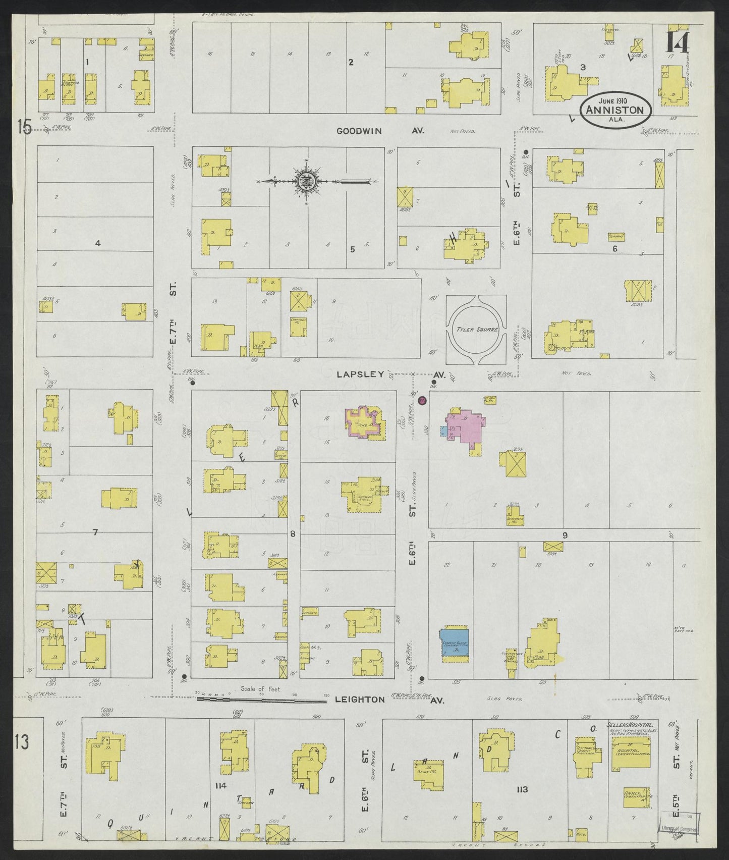 Sanborn Fire Insurance Map from Anniston, Calhoun County, Alabama (1910), Sheet #0014 - Complete Map Set gallery image, historic Sanborn map, vintage wall art, Alabama Alabama