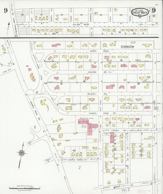 Sanborn Fire Insurance Map from Great Neck, Nassau County, New York (1926), Sheet #0009 - Historic Sanborn Fire Insurance Map Print, vintage old map wall art, antique decor, genealogy gift, New York New York map