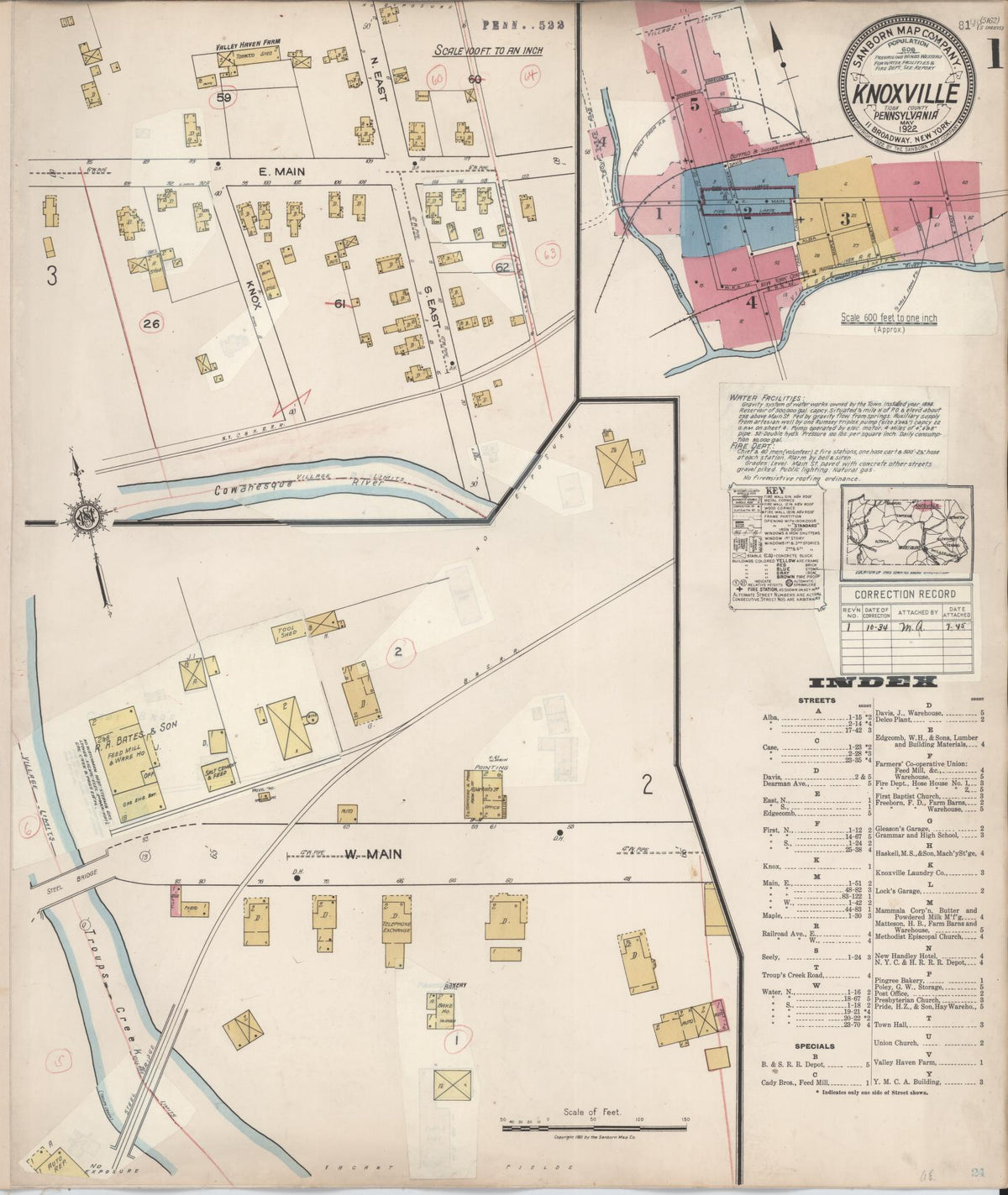 Sanborn Fire Insurance Map from Knoxville, Tioga County, Pennsylvania (1934), Sheet #0001 - Historic Sanborn Fire Insurance Map Print, vintage old map wall art, antique decor, genealogy gift, Pennsylvania Pennsylvania map