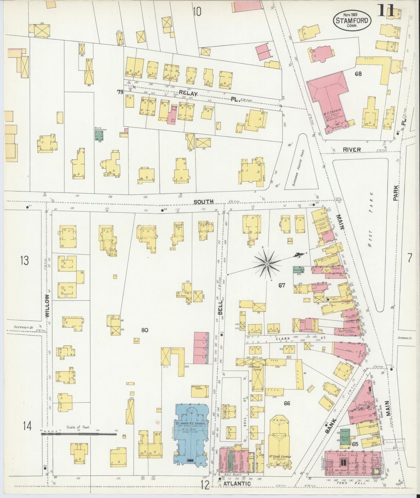 Sanborn Fire Insurance Map from Stamford, Fairfield County, Connecticut (1901), Sheet #0011 - Historic Sanborn Fire Insurance Map Print, vintage old map wall art, antique decor, genealogy gift, Connecticut Connecticut map