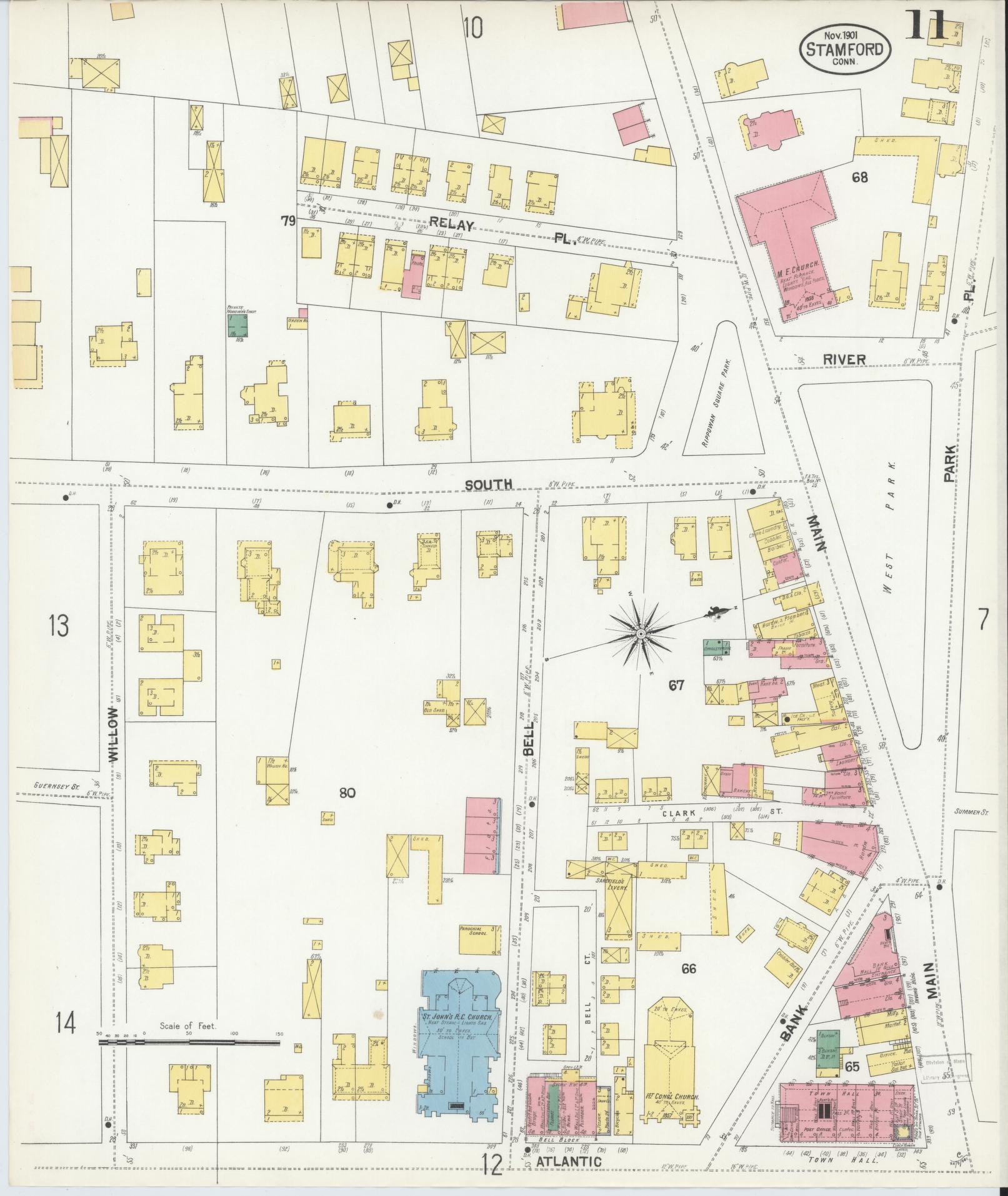 Sanborn Fire Insurance Map from Stamford, Fairfield County, Connecticut (1901), Sheet #0011 - Historic Sanborn Fire Insurance Map Print, vintage old map wall art, antique decor, genealogy gift, Connecticut Connecticut map