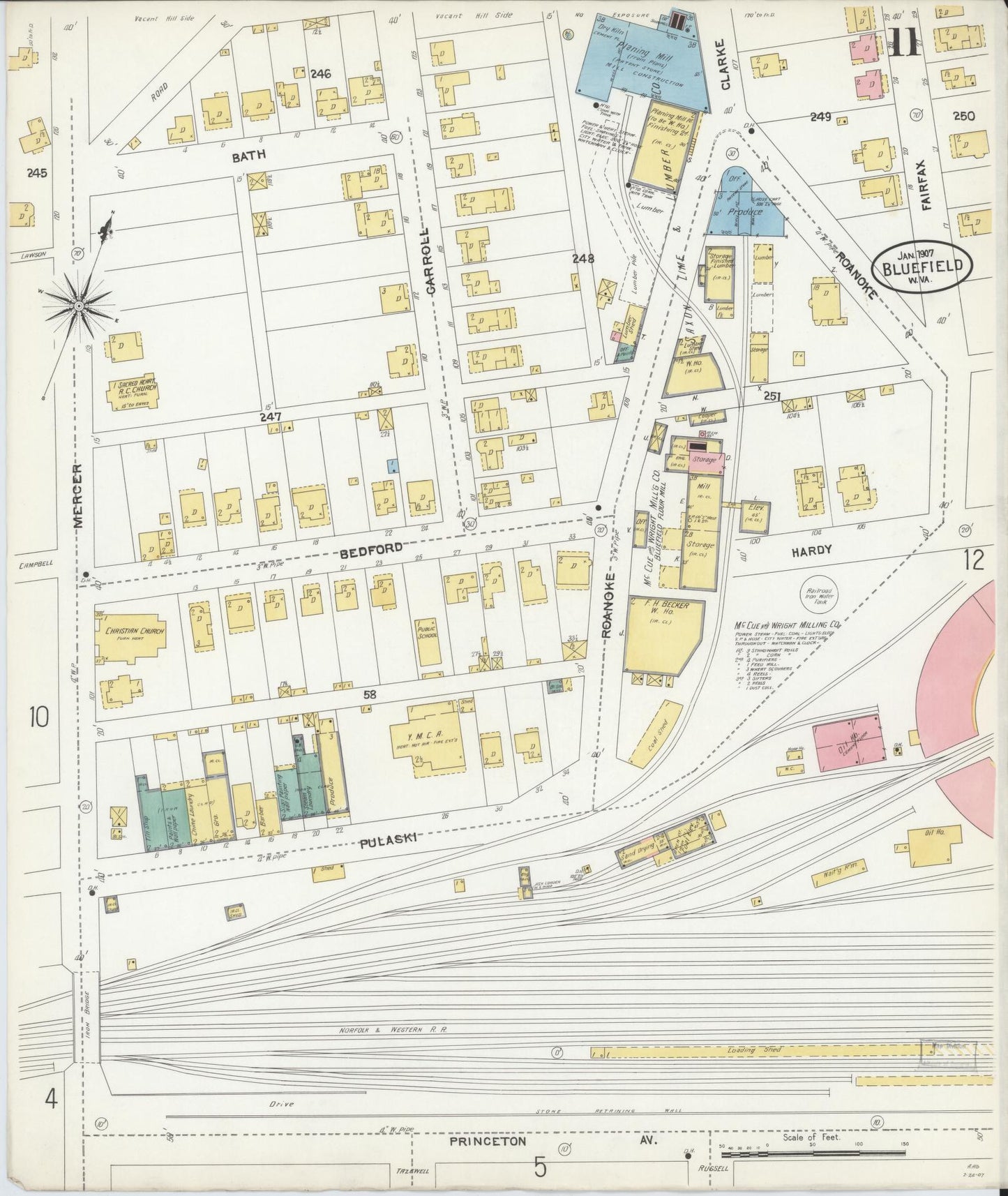 Sanborn Fire Insurance Map from Bluefield, Mercer County, West Virginia (1907), Sheet #0011 - Complete Map Set gallery image, historic Sanborn map, vintage wall art, West Virginia West Virginia