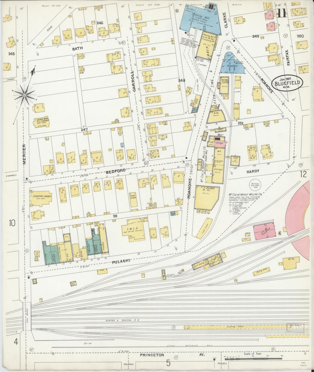 Sanborn Fire Insurance Map from Bluefield, Mercer County, West Virginia (1907), Sheet #0011 - Complete Map Set gallery image, historic Sanborn map, vintage wall art, West Virginia West Virginia