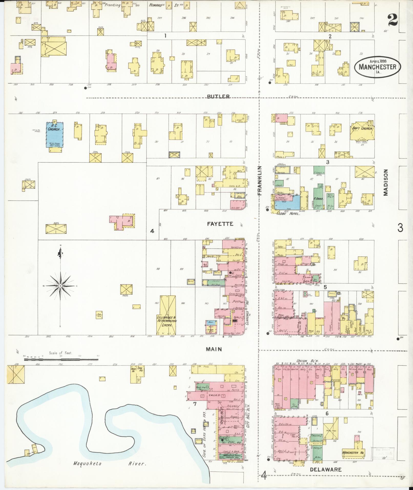 Sanborn Fire Insurance Map from Manchester, Delaware County, Iowa (1899), Sheet #0002 - Complete Map Set gallery image, historic Sanborn map, vintage wall art, Manchester Delaware