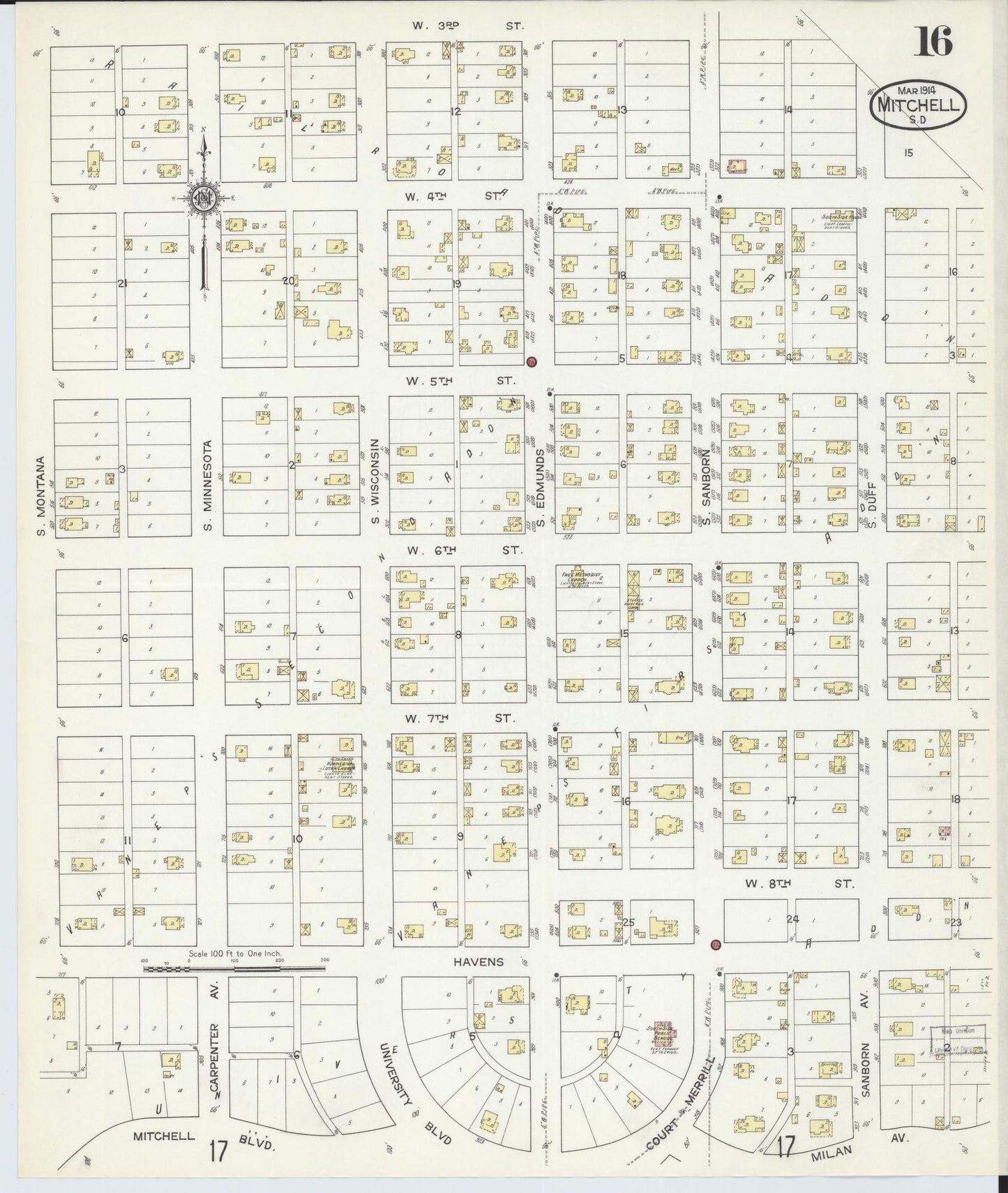 Sanborn Fire Insurance Map from Mitchell, Davison County, South Dakota (1914), Sheet #0016 - Historic Sanborn Fire Insurance Map Print, vintage old map wall art, antique decor, genealogy gift, South Dakota South Dakota map