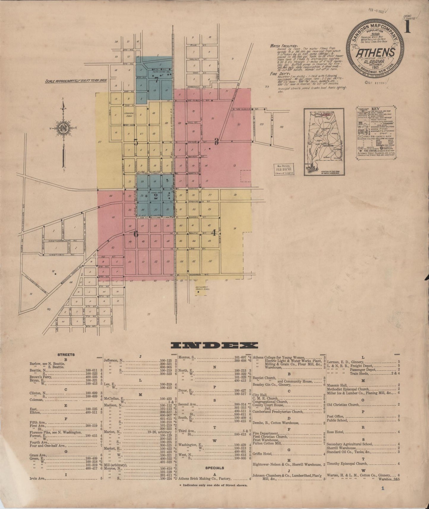 Sanborn Fire Insurance Map from Athens, Limestone County, Alabama (1921), Sheet #0001 - Historic Sanborn Fire Insurance Map Print, vintage old map wall art, antique decor, genealogy gift, Alabama Alabama map