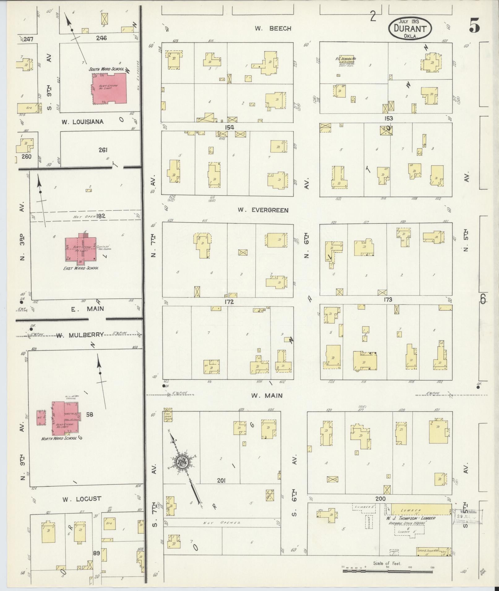 Sanborn Fire Insurance Map from Durant, Bryan County, Oklahoma (1913), Sheet #0005 - Historic Sanborn Fire Insurance Map Print, vintage old map wall art, antique decor, genealogy gift, Oklahoma Oklahoma map