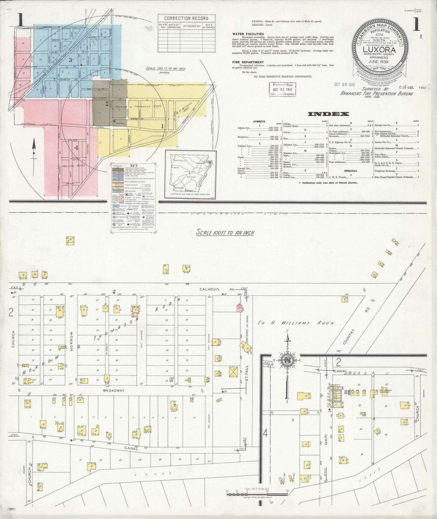 Sanborn Fire Insurance Map from Luxora, Mississippi County, Arkansas (1939), Sheet #0001 - Historic Sanborn Fire Insurance Map Print, vintage old map wall art, antique decor, genealogy gift, Arkansas Arkansas map