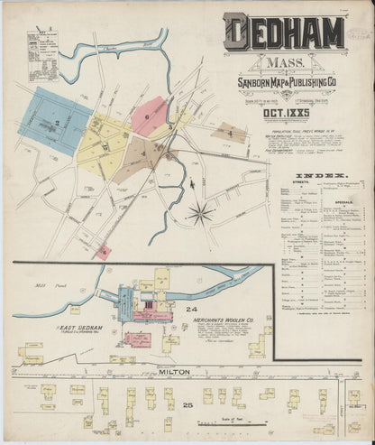 Sanborn Fire Insurance Map from Dedham, Norfolk County, Massachusetts (1885), Sheet #0001 - Historic Sanborn Fire Insurance Map Print, vintage old map wall art, antique decor, genealogy gift, Massachusetts Massachusetts map