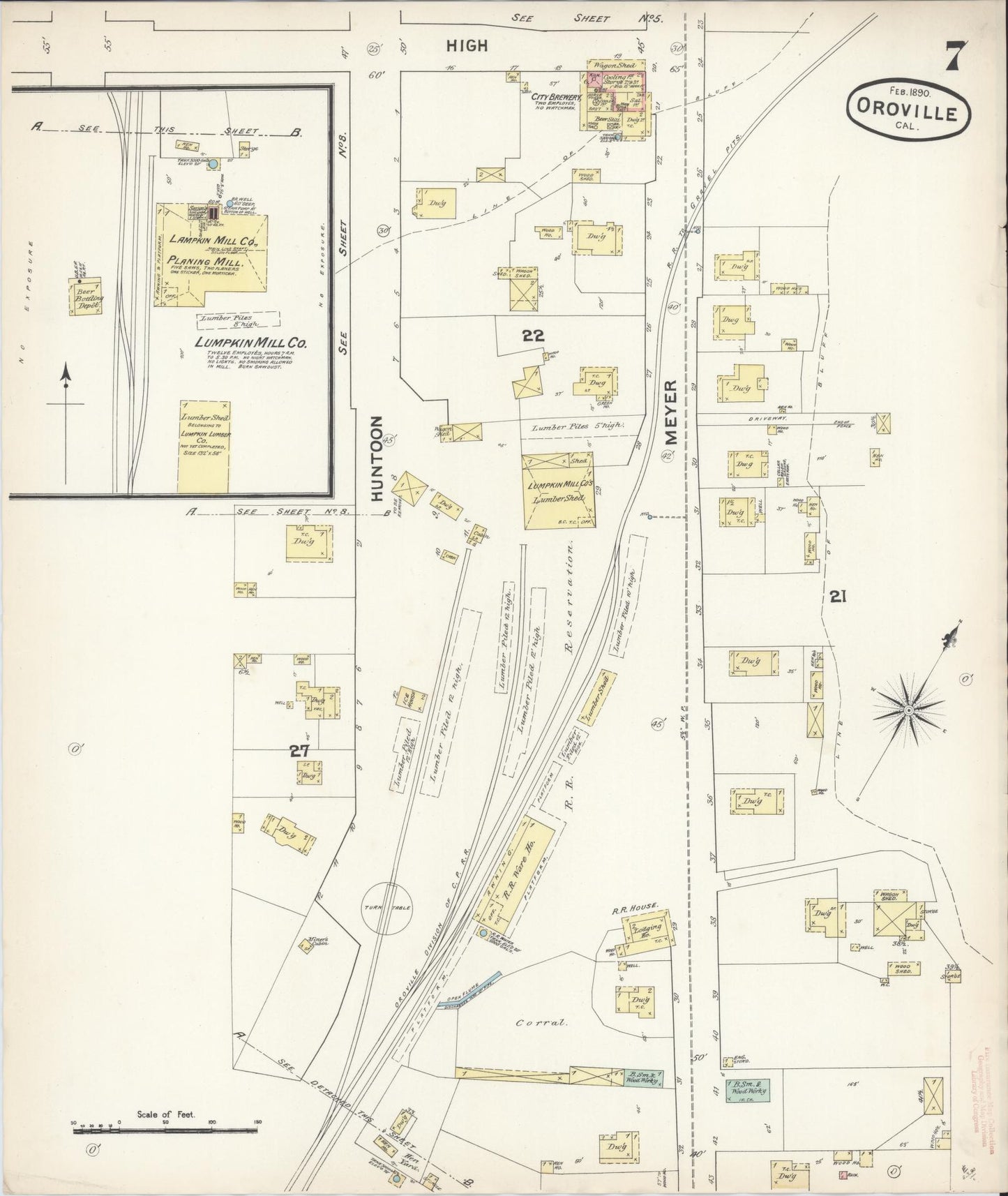 Sanborn Fire Insurance Map from Oroville, Butte County, California (1890), Sheet #0007 - Complete Map Set gallery image, historic Sanborn map, vintage wall art, California California