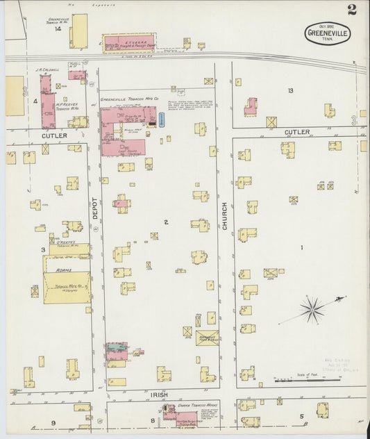 Sanborn Fire Insurance Map from Greeneville, Greene County, Tennessee (1892), Sheet #0002 - Historic Sanborn Fire Insurance Map Print, vintage old map wall art, antique decor, genealogy gift, Tennessee Tennessee map