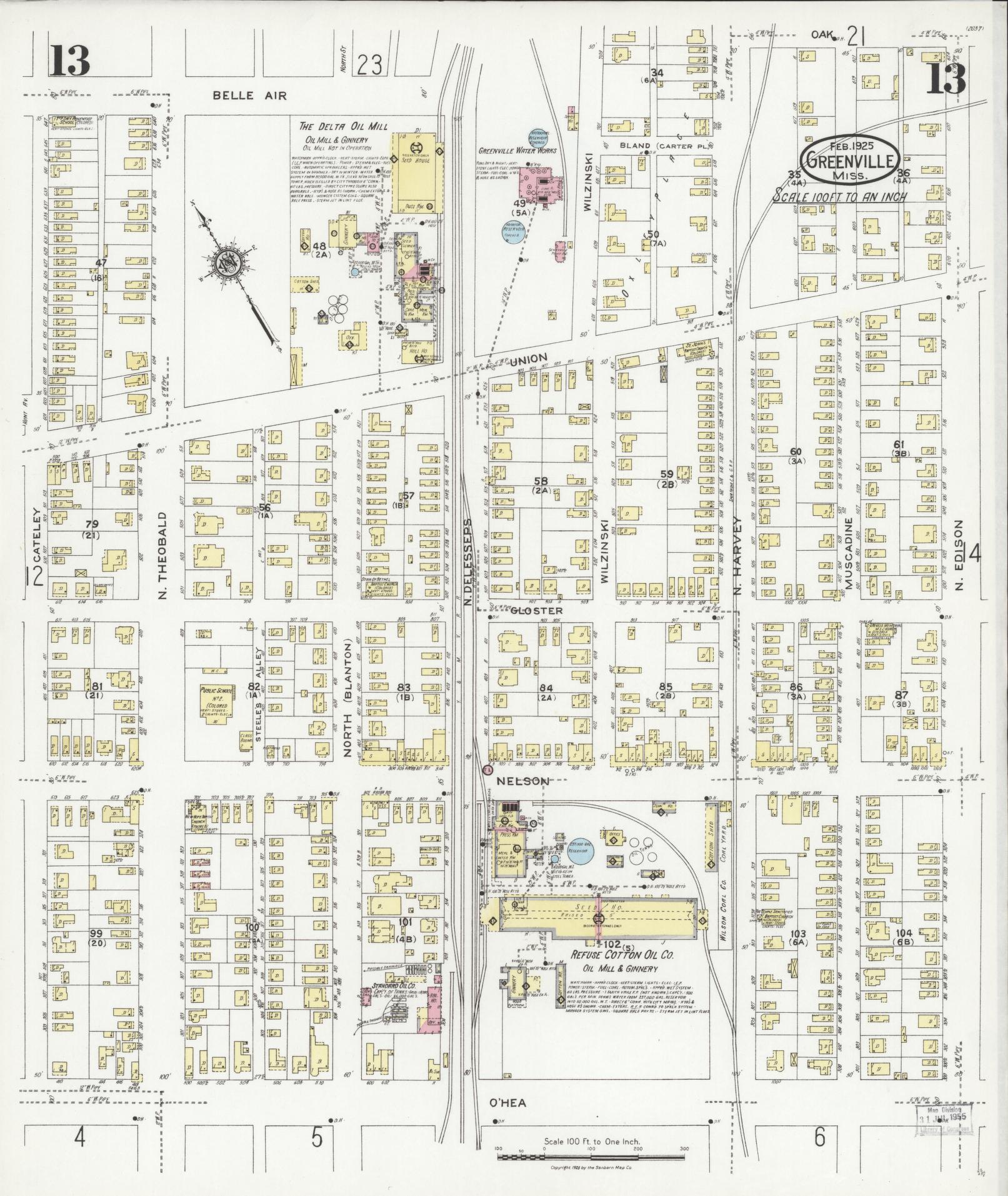 Sanborn Fire Insurance Map from Greenville, Washington County, Mississippi (1925), Sheet #0013 - Complete Map Set gallery image, historic Sanborn map, vintage wall art, Mississippi Mississippi