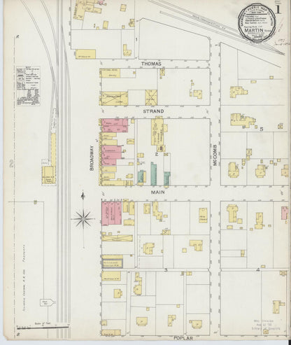 Sanborn Fire Insurance Map from Martin, Weakley County, Tennessee (1892), Sheet #0001 - Complete Map Set gallery image, historic Sanborn map, vintage wall art, Tennessee Tennessee