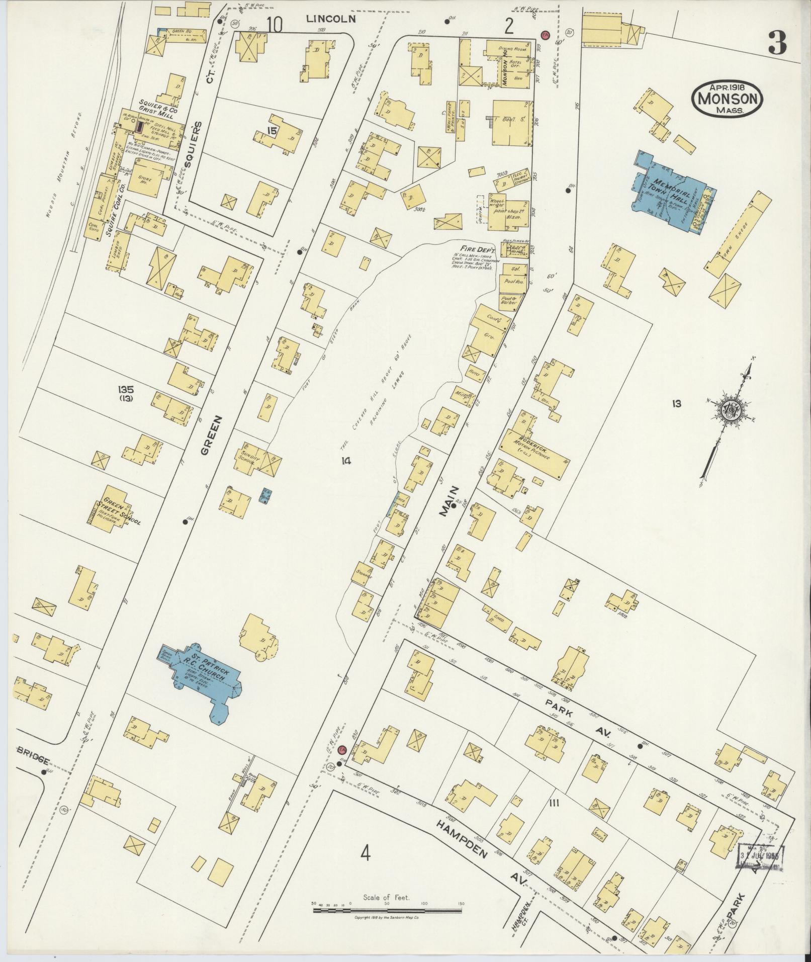 Sanborn Fire Insurance Map from Monson, Hampden County, Massachusetts (1918), Sheet #0003 - Historic Sanborn Fire Insurance Map Print, vintage old map wall art, antique decor, genealogy gift, Massachusetts Massachusetts map