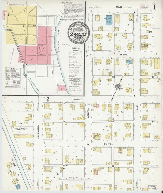 Sanborn Fire Insurance Map from Syracuse, Kosciusko County, Indiana (1910), Sheet #0001 - Historic Sanborn Fire Insurance Map Print, vintage old map wall art, antique decor, genealogy gift, Indiana Indiana map