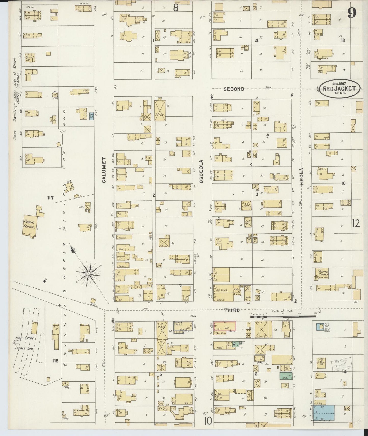 Sanborn Fire Insurance Map from Red Jacket, Houghton County, Michigan (1897), Sheet #0009 - Complete Map Set gallery image, historic Sanborn map, vintage wall art, Michigan Michigan