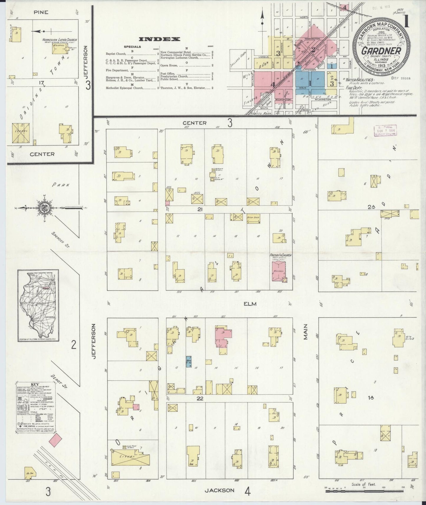 Sanborn Fire Insurance Map from Gardner, Grundy County, Illinois (1913), Sheet #0001 - Complete Map Set gallery image, historic Sanborn map, vintage wall art, Illinois Illinois