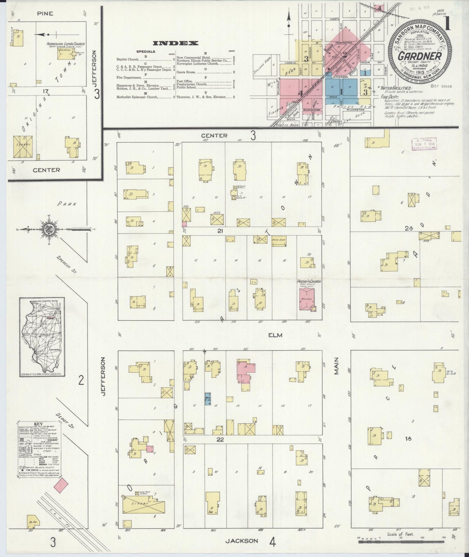 Sanborn Fire Insurance Map from Gardner, Grundy County, Illinois (1913), Sheet #0001 - Complete Map Set gallery image, historic Sanborn map, vintage wall art, Illinois Illinois