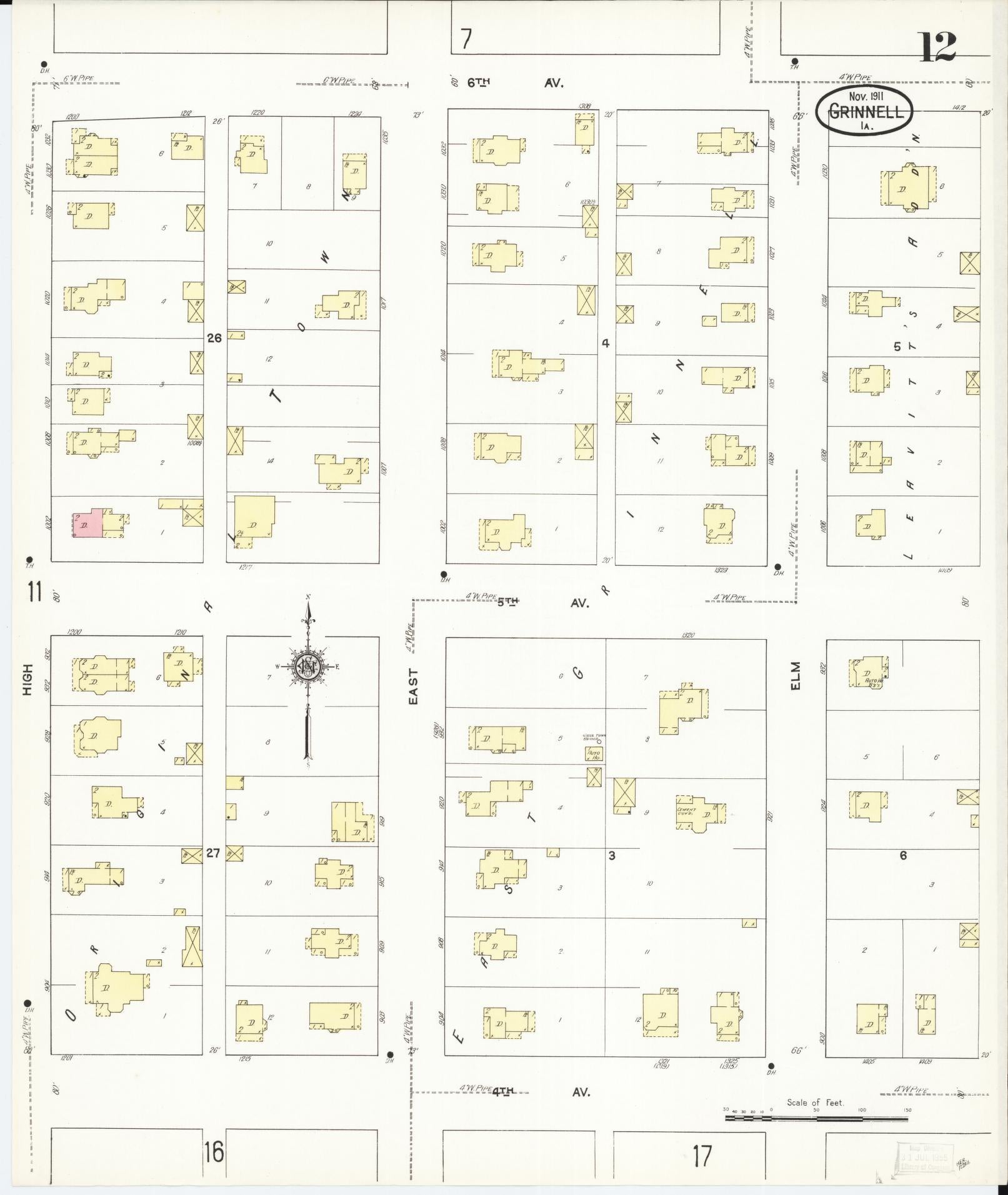 Sanborn Fire Insurance Map from Grinnell, Poweshiek County, Iowa (1911), Sheet #0012 - Historic Sanborn Fire Insurance Map Print, vintage old map wall art