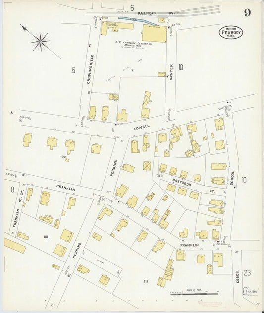 Sanborn Fire Insurance Map from Peabody, Essex County, Massachusetts (1907), Sheet #0009 - Historic Sanborn Fire Insurance Map Print, vintage old map wall art, antique decor, genealogy gift, Massachusetts Massachusetts map