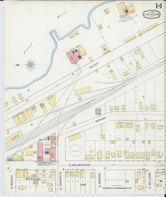Sanborn Fire Insurance Map from Jackson, Jackson County, Michigan (1893), Sheet #0014 - Historic Sanborn Fire Insurance Map Print, vintage old map wall art, antique decor, genealogy gift, Michigan Michigan map