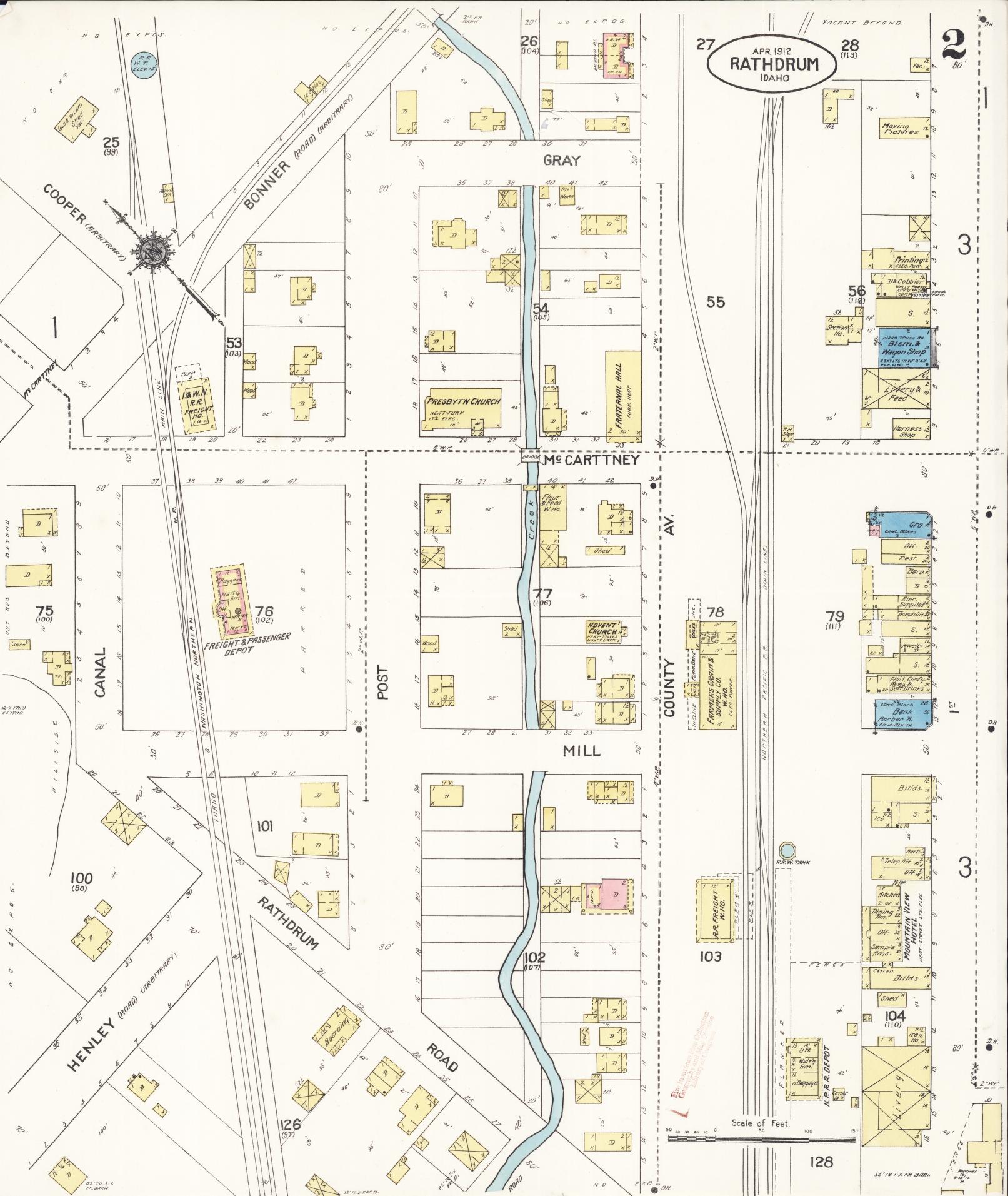 Sanborn Fire Insurance Map from Rathdrum, Kootenai County, Idaho (1912), Sheet #0002 - Historic Sanborn Fire Insurance Map Print, vintage old map wall art, antique decor, genealogy gift, Idaho Idaho map