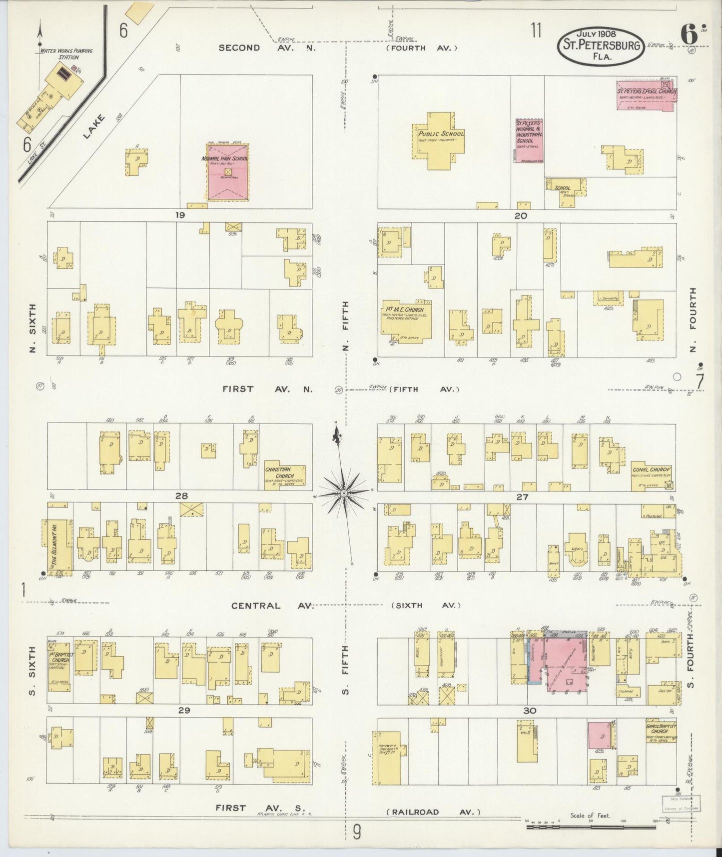 Sanborn Fire Insurance Map from Saint Petersburg, Pinellas County, Florida (1908), Sheet #0006 - Complete Map Set gallery image, historic Sanborn map, vintage wall art, Florida Florida