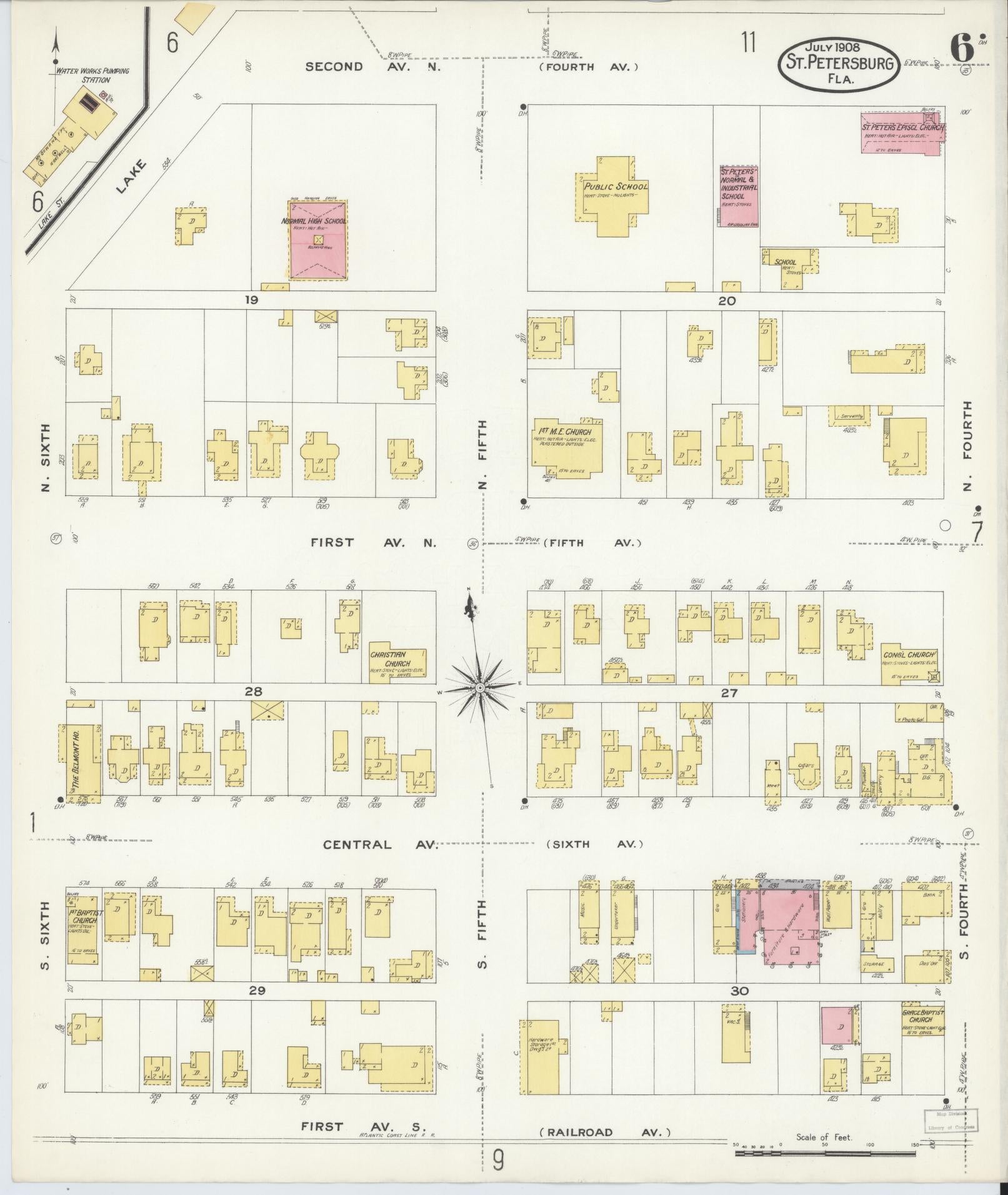 Sanborn Fire Insurance Map from Saint Petersburg, Pinellas County, Florida (1908), Sheet #0006 - Complete Map Set gallery image, historic Sanborn map, vintage wall art, Florida Florida