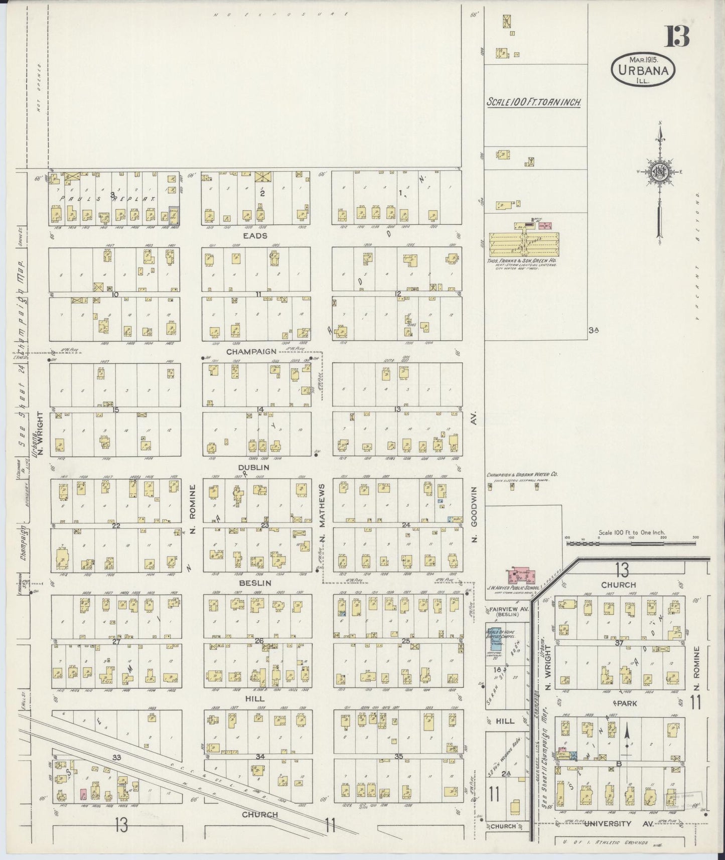 Sanborn Fire Insurance Map from Urbana, Champaign County, Illinois (1915), Sheet #0013 - Complete Map Set gallery image, historic Sanborn map, vintage wall art, Illinois Illinois