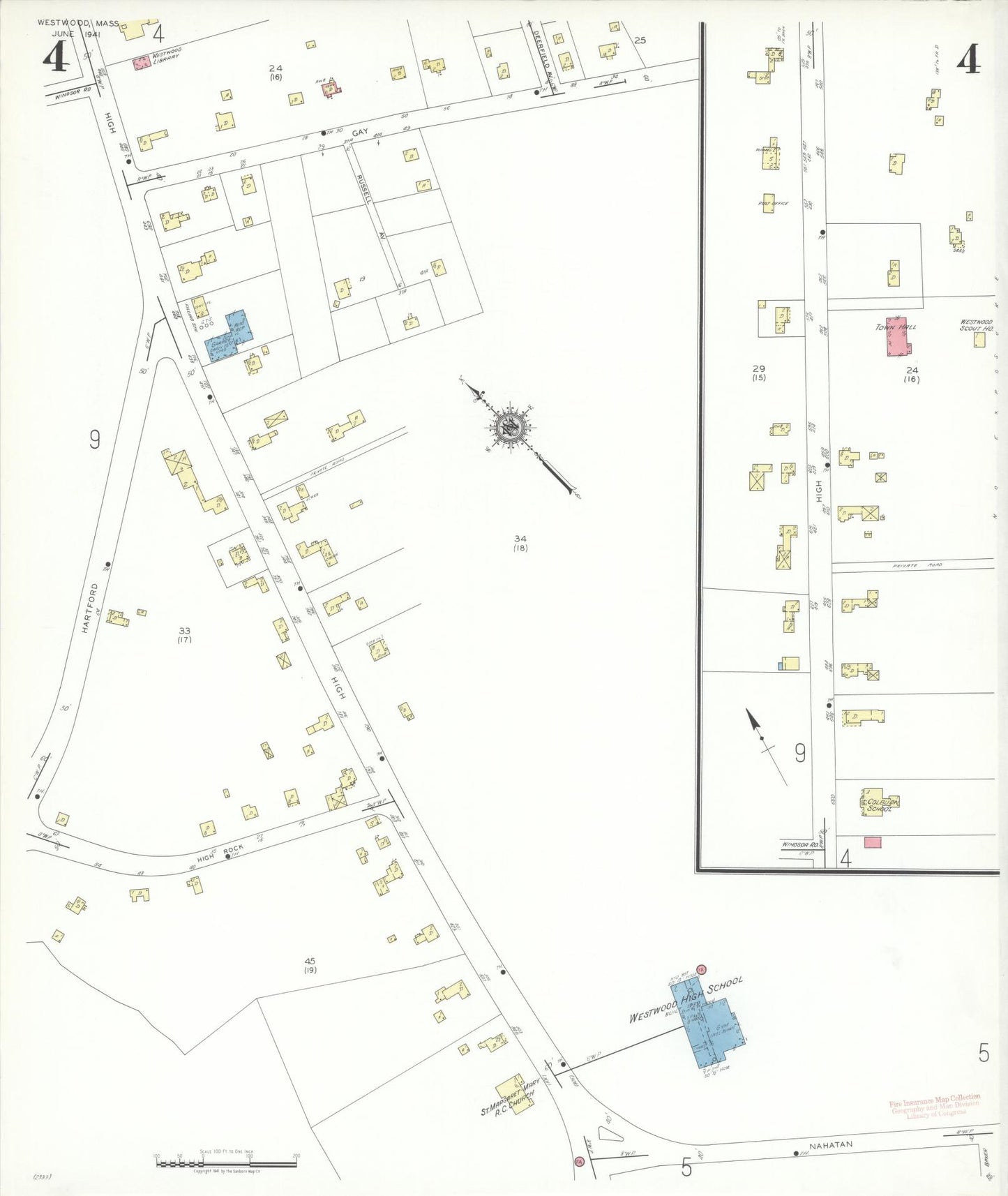 Sanborn Fire Insurance Map from Westwood, Norfolk County, Massachusetts (1941), Sheet #0004 - Historic Sanborn Fire Insurance Map Print, vintage old map wall art, antique decor, genealogy gift, Massachusetts Massachusetts map