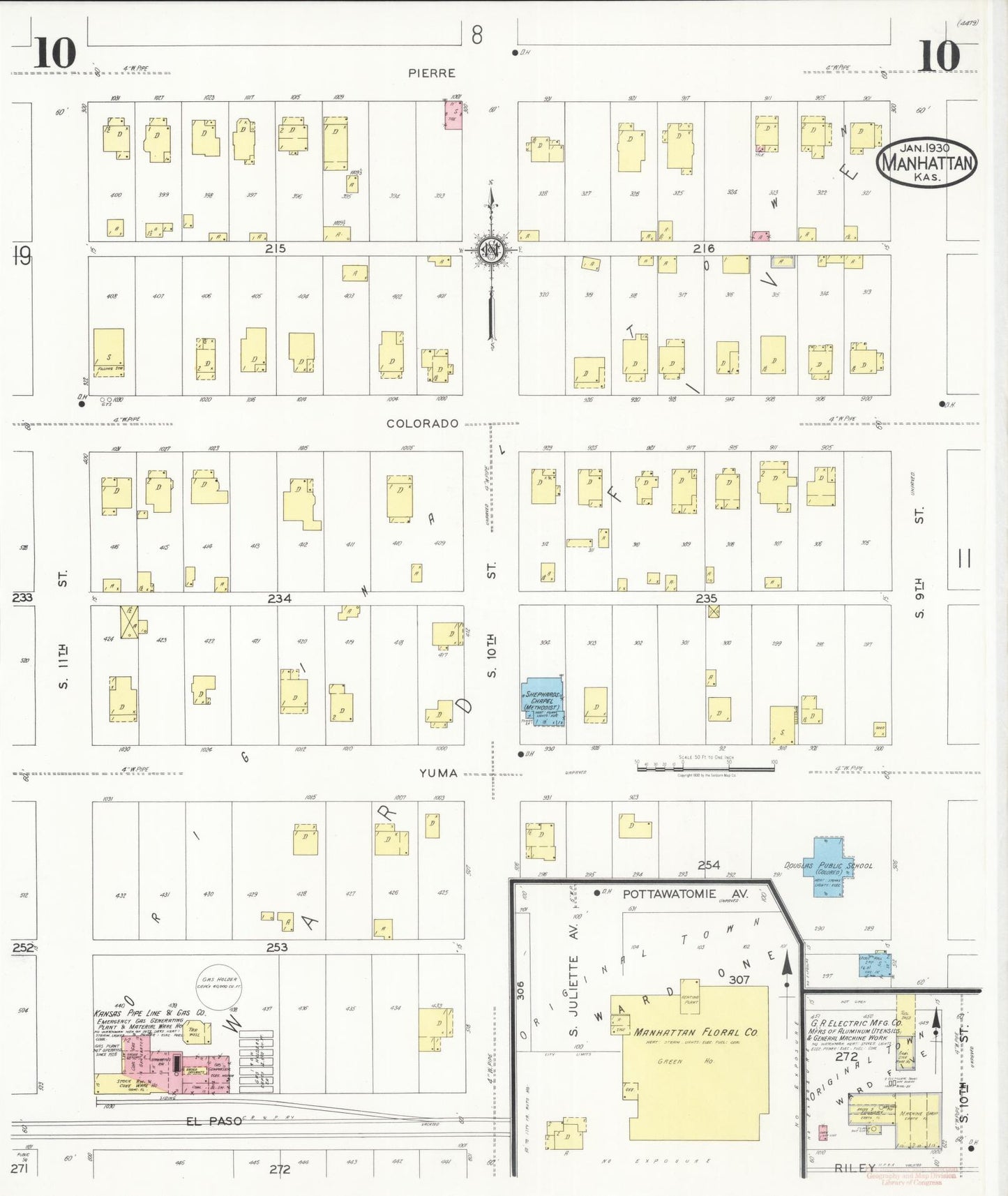 Sanborn Fire Insurance Map from Manhattan, Riley County, Kansas (1930), Sheet #0010 - Complete Map Set gallery image, historic Sanborn map, vintage wall art, Kansas Kansas