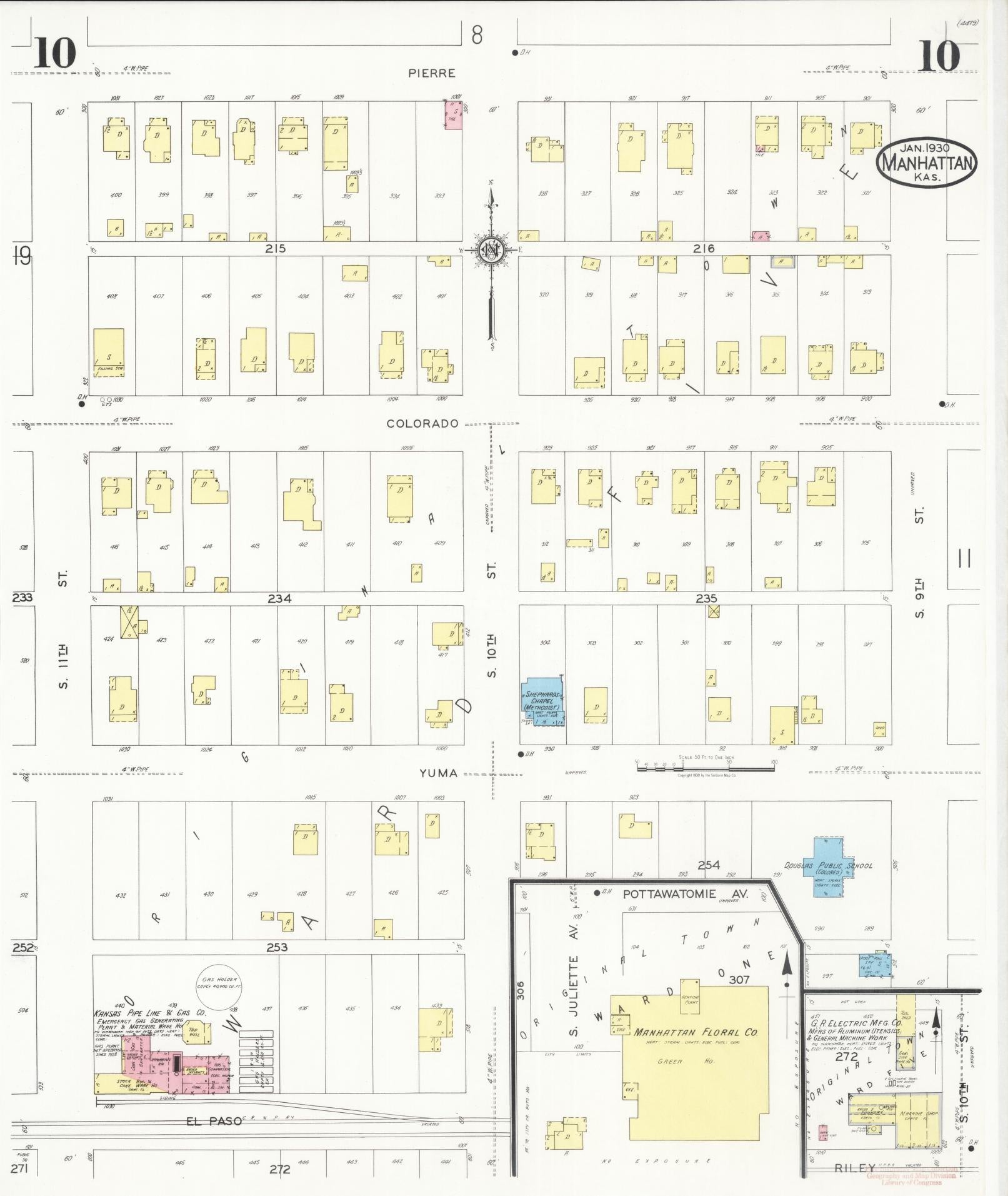 Sanborn Fire Insurance Map from Manhattan, Riley County, Kansas (1930), Sheet #0010 - Complete Map Set gallery image, historic Sanborn map, vintage wall art, Kansas Kansas