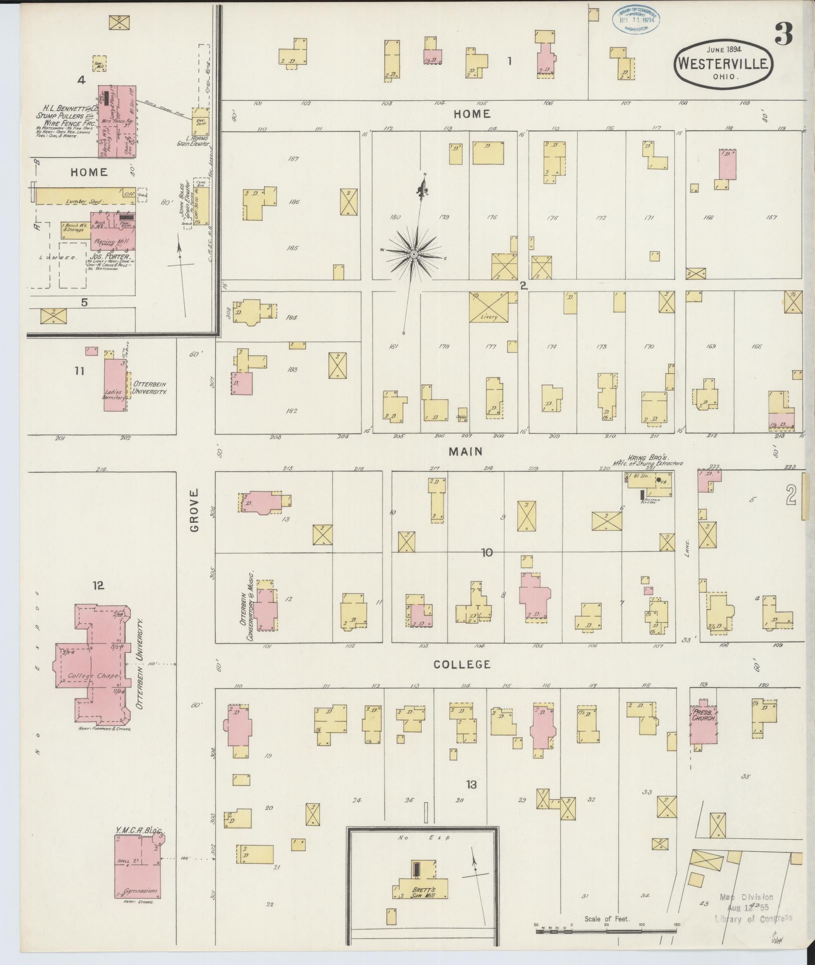 Sanborn Fire Insurance Map from Westerville, Franklin County, Ohio (1894), Sheet #0003 - Historic Sanborn Fire Insurance Map Print, vintage old map wall art, antique decor, genealogy gift, Ohio Ohio map