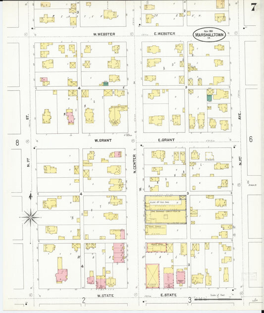 Sanborn Fire Insurance Map from Marshalltown, Marshall County, Iowa (1901), Sheet #0007 - Historic Sanborn Fire Insurance Map Print, vintage old map wall art