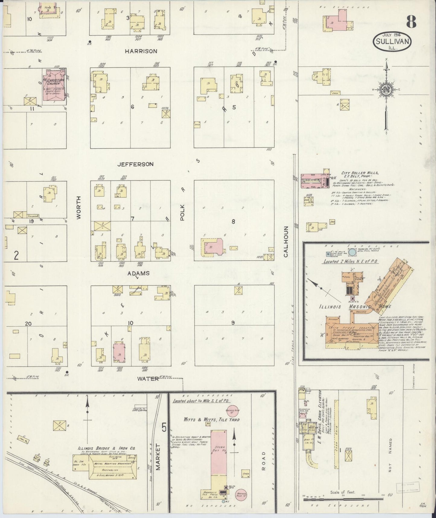 Sanborn Fire Insurance Map from Sullivan, Moultrie County, Illinois (1914), Sheet #0008 - Historic Sanborn Fire Insurance Map Print, vintage old map wall art, antique decor, genealogy gift, Illinois Illinois map