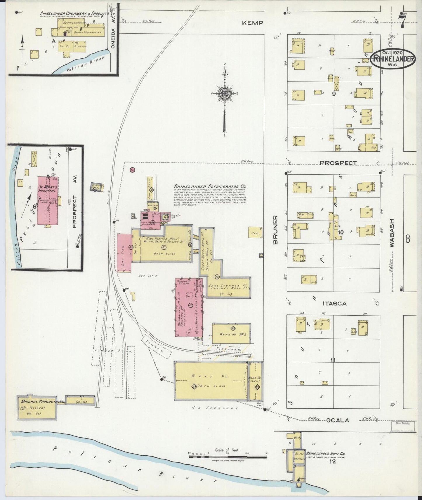 Sanborn Fire Insurance Map from Rhinelander, Oneida County, Wisconsin (1920), Sheet #0007 - Historic Sanborn Fire Insurance Map Print, vintage old map wall art, antique decor, genealogy gift, Wisconsin Wisconsin map