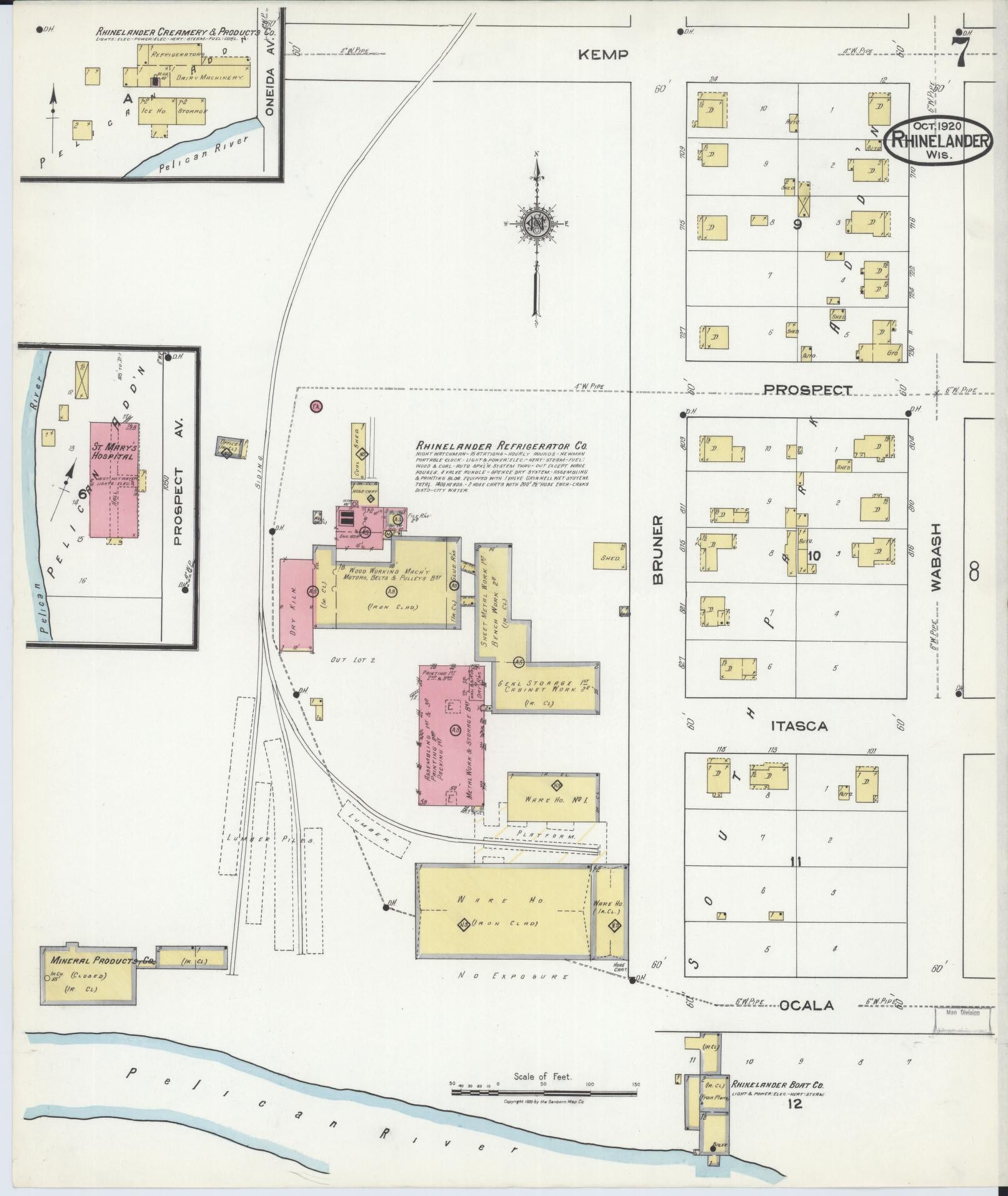 Sanborn Fire Insurance Map from Rhinelander, Oneida County, Wisconsin (1920), Sheet #0007 - Historic Sanborn Fire Insurance Map Print, vintage old map wall art, antique decor, genealogy gift, Wisconsin Wisconsin map
