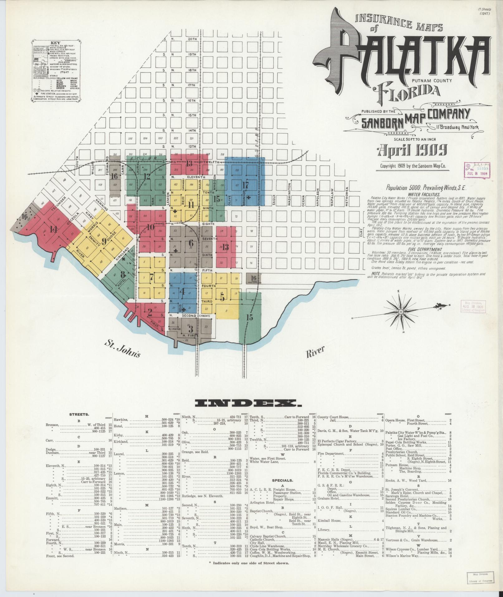 Sanborn Fire Insurance Map from Palatka, Putnam County, Florida (1909), Sheet #0001 - Historic Sanborn Fire Insurance Map Print, vintage old map wall art, antique decor, genealogy gift, Florida Florida map