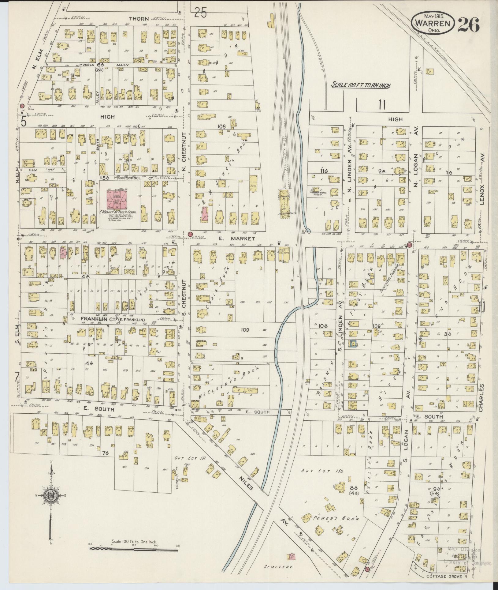 Sanborn Fire Insurance Map from Warren, Trumbull County, Ohio (1915), Sheet #0026 - Complete Map Set gallery image, historic Sanborn map, vintage wall art, Ohio Ohio