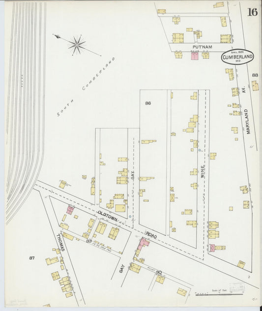 Sanborn Fire Insurance Map from Cumberland, Allegany County, Maryland (1892), Sheet #0016 - Historic Sanborn Fire Insurance Map Print, vintage old map wall art