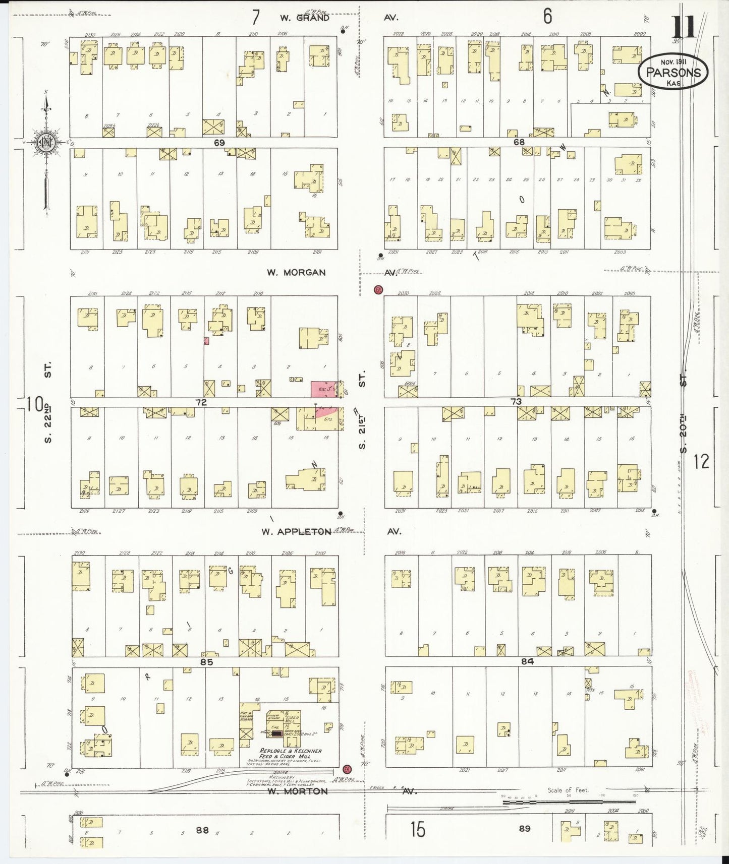 Sanborn Fire Insurance Map from Parsons, Labette County, Kansas (1911), Sheet #0011 - Complete Map Set gallery image, historic Sanborn map, vintage wall art, Kansas Kansas