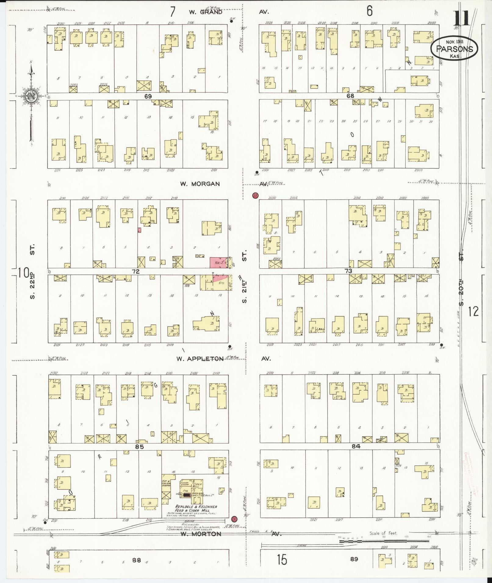 Sanborn Fire Insurance Map from Parsons, Labette County, Kansas (1911), Sheet #0011 - Complete Map Set gallery image, historic Sanborn map, vintage wall art, Kansas Kansas