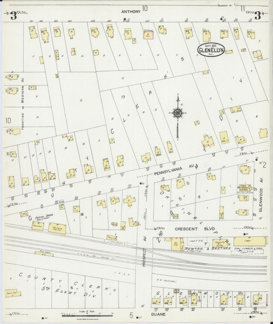 Sanborn Fire Insurance Map from Glen Ellyn, Du Page County, Illinois (1924), Sheet #0003 - Historic Sanborn Fire Insurance Map Print, vintage old map wall art, antique decor, genealogy gift, Illinois Illinois map