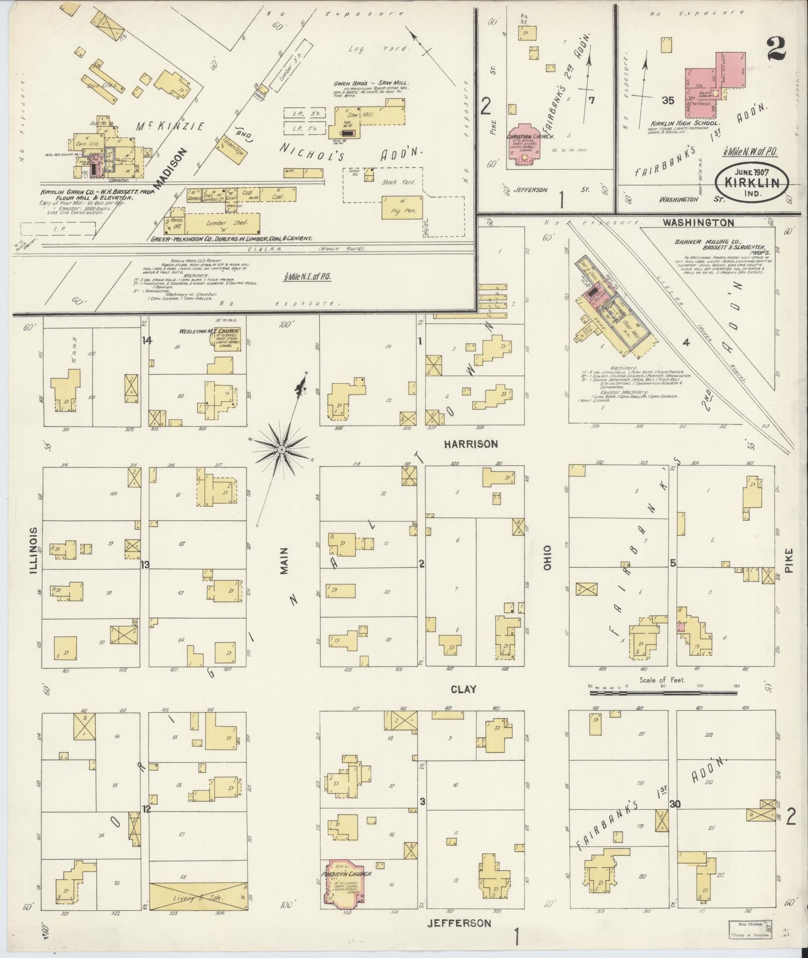 Sanborn Fire Insurance Map from Kirklin, Clinton County, Indiana (1907), Sheet #0002 - Complete Map Set gallery image, historic Sanborn map, vintage wall art, Indiana Indiana