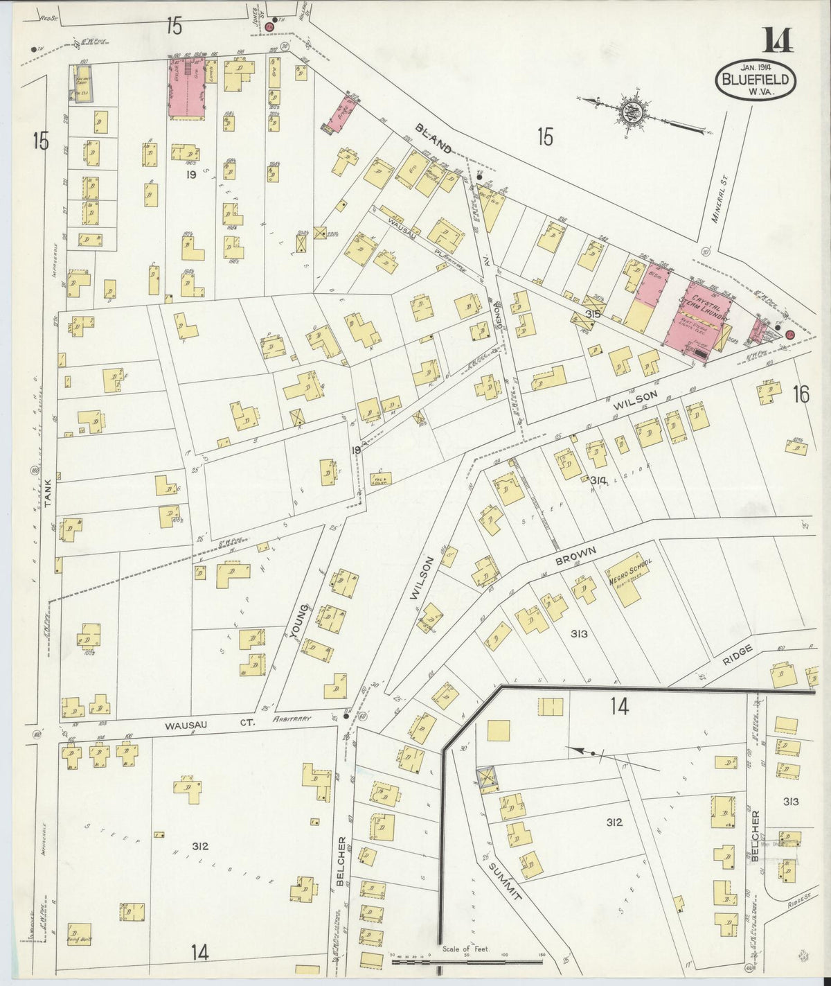 Sanborn Fire Insurance Map from Bluefield, Mercer County, West Virginia (1914), Sheet #0014 - Historic Sanborn Fire Insurance Map Print, vintage old map wall art, antique decor, genealogy gift, West Virginia West Virginia map