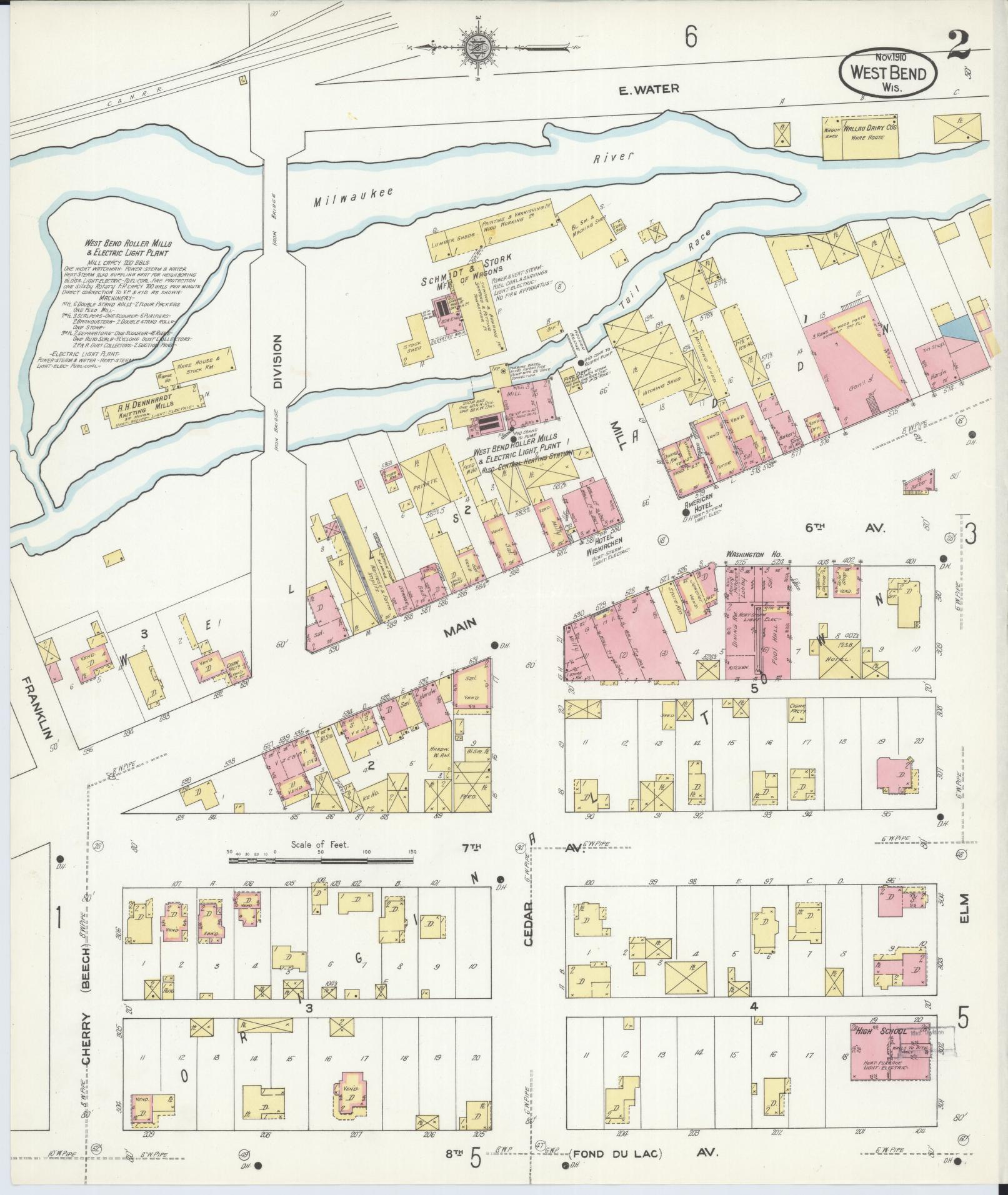 Sanborn Fire Insurance Map from West Bend, Washington County, Wisconsin (1910), Sheet #0002 - Historic Sanborn Fire Insurance Map Print, vintage old map wall art, antique decor, genealogy gift, Wisconsin Wisconsin map