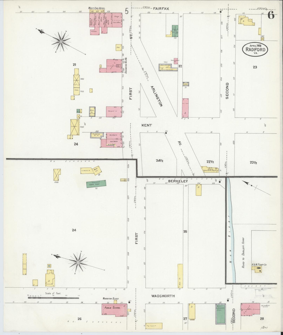 Sanborn Fire Insurance Map from Radford, Independent Cities, Virginia (1908), Sheet #0006 - Complete Map Set gallery image, historic Sanborn map, vintage wall art, Virginia Virginia