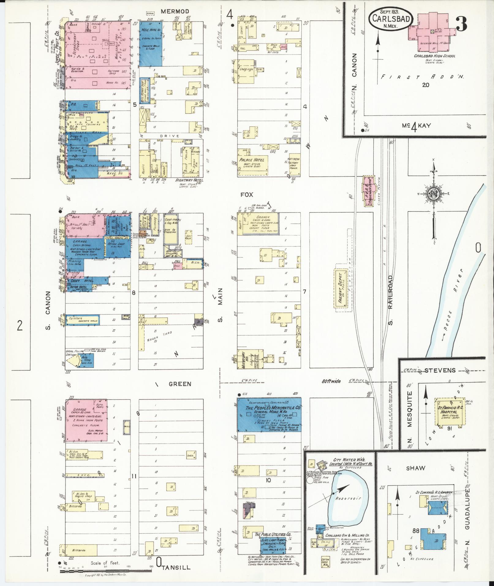 Sanborn Fire Insurance Map from Carlsbad, Eddy County, New Mexico (1921), Sheet #0003 - Complete Map Set gallery image, historic Sanborn map, vintage wall art, New Mexico New Mexico